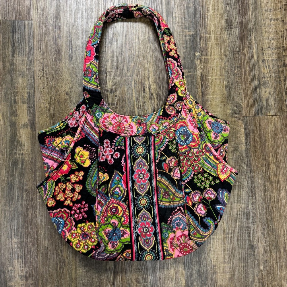 Vera Bradley Reversible Quilted Cotton Tote Bag Paisley Floral Black Pink READ